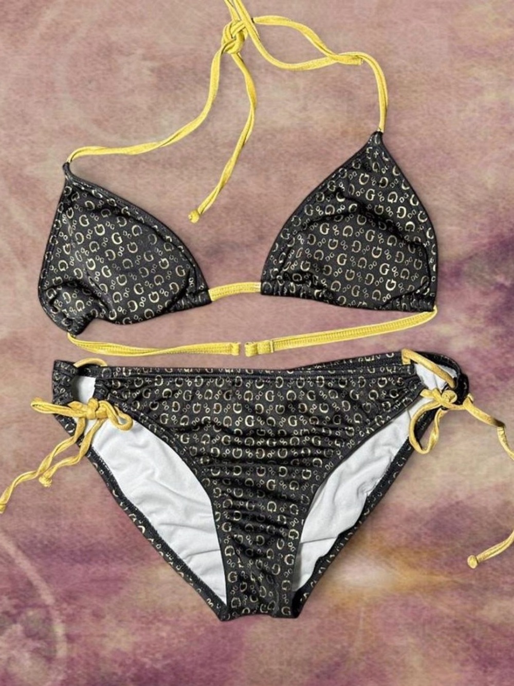 Guess Black and Gold Logo Triangle String Bikini